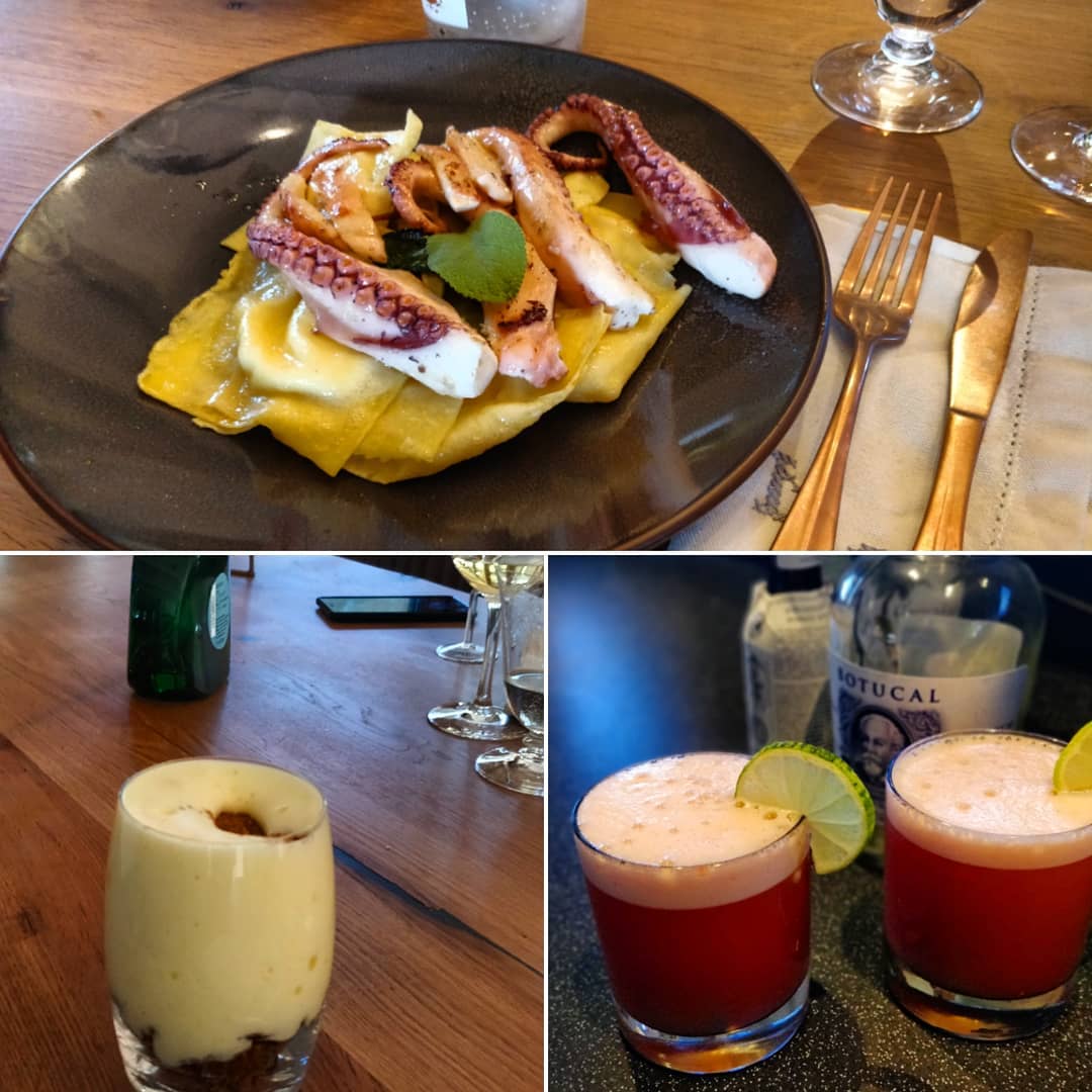Two types of self made delicious ravioli in salvia butter with amazingly tender #pulpo - especially given it was the first time we tried to prepare it ourselves. White wine sabayon with grapes and walnut crumble for desert and some rum punch to close the day. Love to cook and dine with my wife @nord_binchen