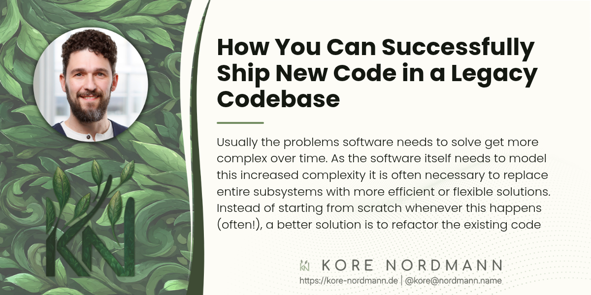 How You Can Successfully Ship New Code in a Legacy Codebase

Usually the problems software needs to solve get more complex over time. As
the software itself needs to model this increased complexity it is often
necessary to replace entire subsystems with more efficient or flexible
solutions.  Instead of starting from scratch whenever this happens
(often!), a better solution is to refactor the existing code and therefore
reducing the risk of losing existing business rules and knowledge. A good
strategy for this kind of change is called "Branch By Abstraction". While
the term is certainly clumsy and overloaded, the idea itself is genious.
Let's see how it works…