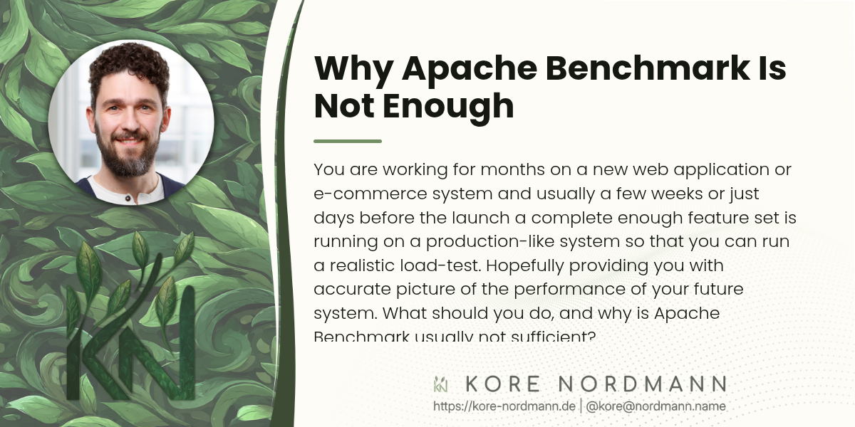 Why Apache Benchmark Is Not Enough

You are working for months on a new web application or e-commerce system
and usually a few weeks or just days before the launch a complete enough
feature set is running on a production-like system so that you can run a
realistic load-test. Hopefully providing you with accurate picture of the
performance of your future system. What should you do, and why is Apache
Benchmark usually not sufficient?