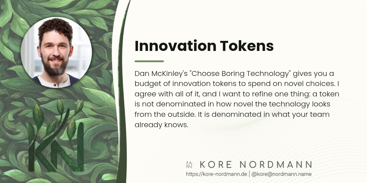 Innovation Tokens

Dan McKinley's "Choose Boring Technology" gives you a budget of innovation tokens to spend on novel choices. I agree with all of it, and I want to refine one thing: a token is not denominated in how novel the technology looks from the outside. It is denominated in what your team already knows.