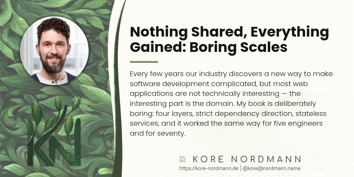 Nothing Shared, Everything Gained: Boring Scales

Every few years our industry discovers a new way to make software development complicated, but most web applications are not technically interesting — the interesting part is the domain. My book is deliberately boring: four layers, strict dependency direction, stateless services, and it worked the same way for five engineers and for seventy.