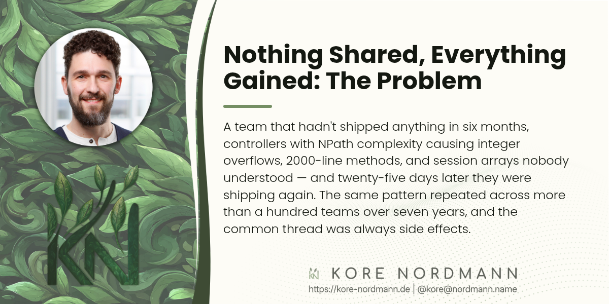 Nothing Shared, Everything Gained: The Problem

A team that hadn't shipped anything in six months, controllers with NPath complexity causing integer overflows, 2000-line methods, and session arrays nobody understood — and twenty-five days later they were shipping again. The same pattern repeated across more than a hundred teams over seven years, and the common thread was always side effects.