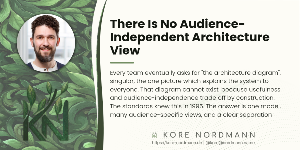 There Is No Audience-Independent Architecture View

Every team eventually asks for "the architecture diagram", singular, the one picture which explains the system to everyone. That diagram cannot exist, because usefulness and audience-independence trade off by construction. The standards knew this in 1995. The answer is one model, many audience-specific views, and a clear separation between structural views and cross-cutting perspectives.