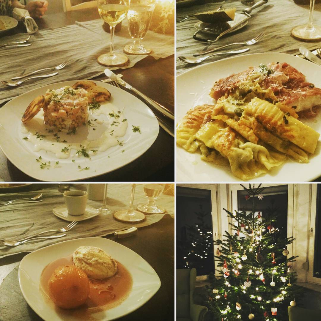 #Christmas #Dinner for just the two of us <3

After enjoying Christmas Eve together with our families we enjoyed a day cooking and relaxing. * Salmon apple tartar with wasabi foam
* Saltimboca from cod with self-made Ravioli filled with spinach an Pecorino * Pears in red wine with a white chocelate speculoos mousse

#delicious