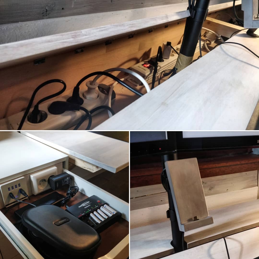 Some details about my #custom #selfMade #desk: * A large cable duct, to make all the cables easily accessible and hold hundreds of them * A drawer with power outlets and USB sockets to charge all the things without messing up my desk * A custom mobile phone holder with charger and hidden cable

#loveIt ... so #clean ... so much space