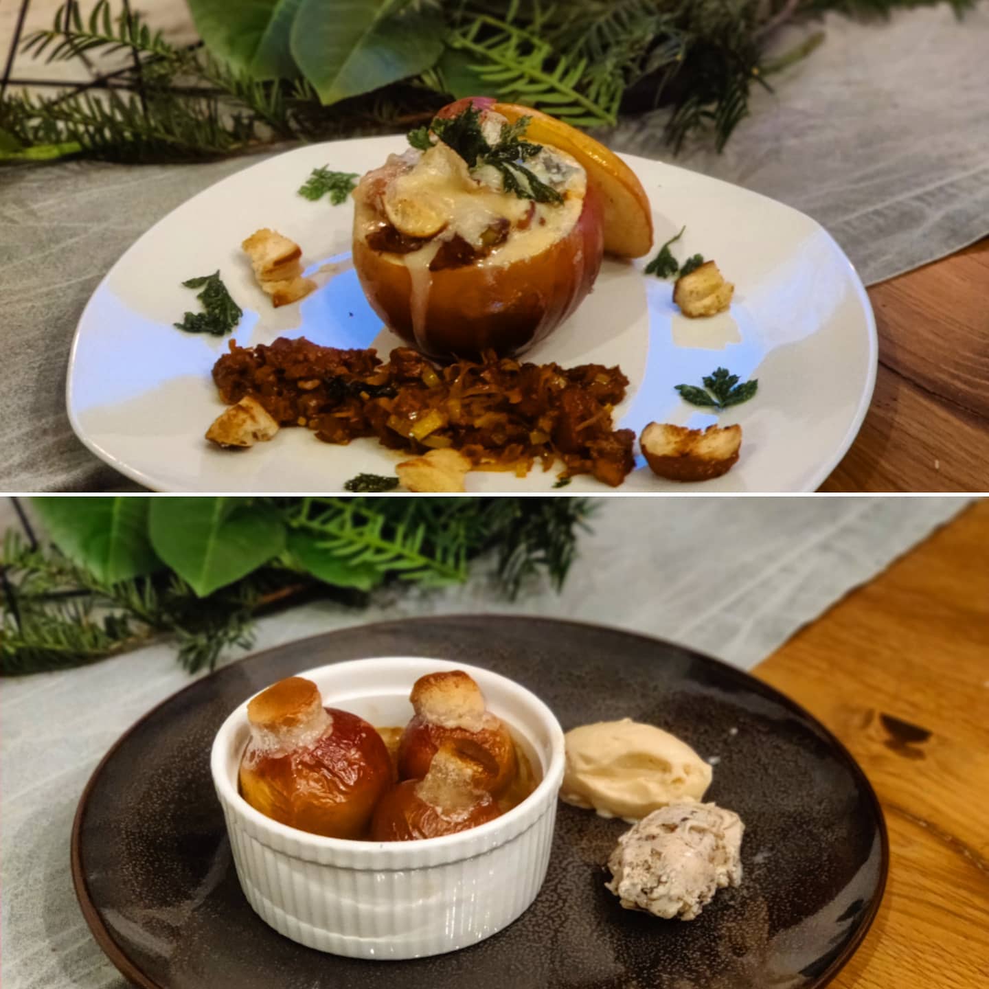 An #apple a day keeps the doctor away.

#Vegetarian #sunday menu: Apple stuffed with ragout, pretzels and some gorgonzola as a first course, then classic (German) mini baked apples with self made apple juice (own apple tree) marzipan, raisins and cinnamon.